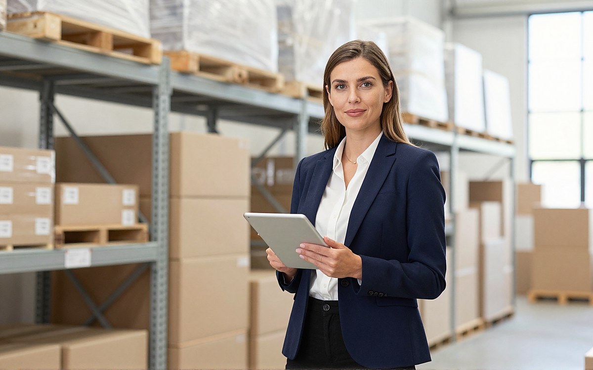 Supplier with tablet checking orders in the warehouse